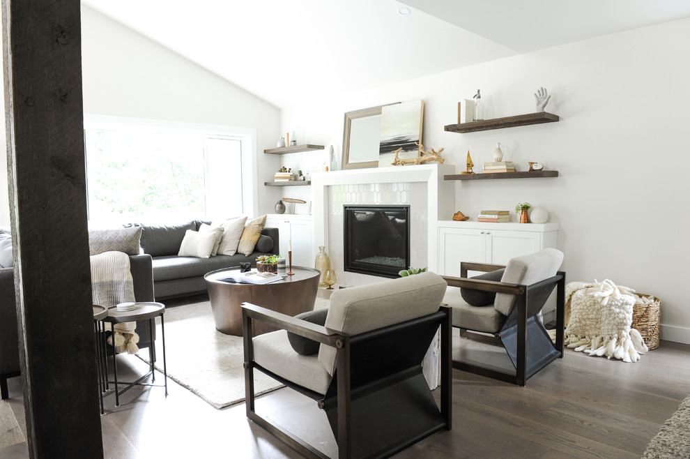 Mid-sized transitional formal and open concept dark wood floor living room photo in Vancouver with white walls, a standard fireplace and a tile fireplace