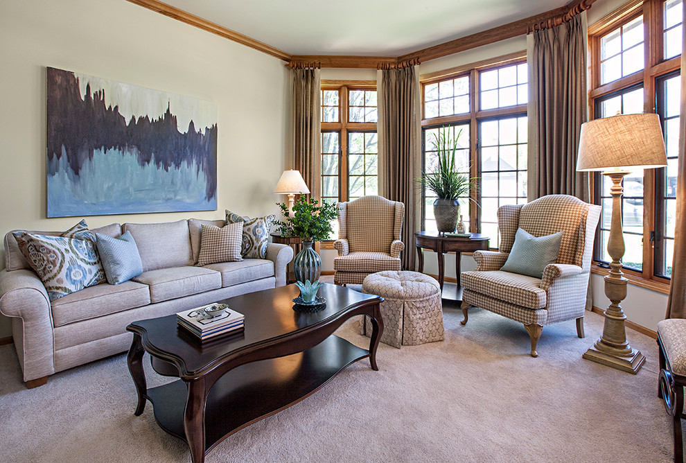 Living room - large traditional formal and enclosed carpeted and beige floor living room idea in Chicago with beige walls and no fireplace