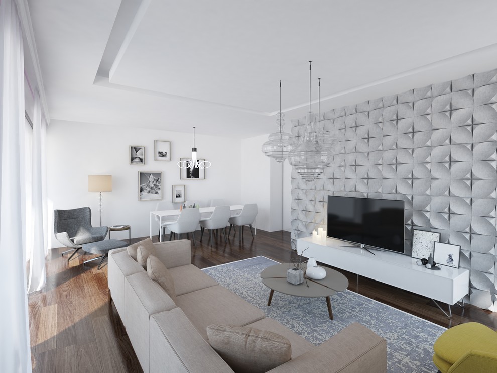 Идея дизайна: большая парадная, изолированная гостиная комната в скандинавском стиле с белыми стенами, темным паркетным полом и отдельно стоящим телевизором