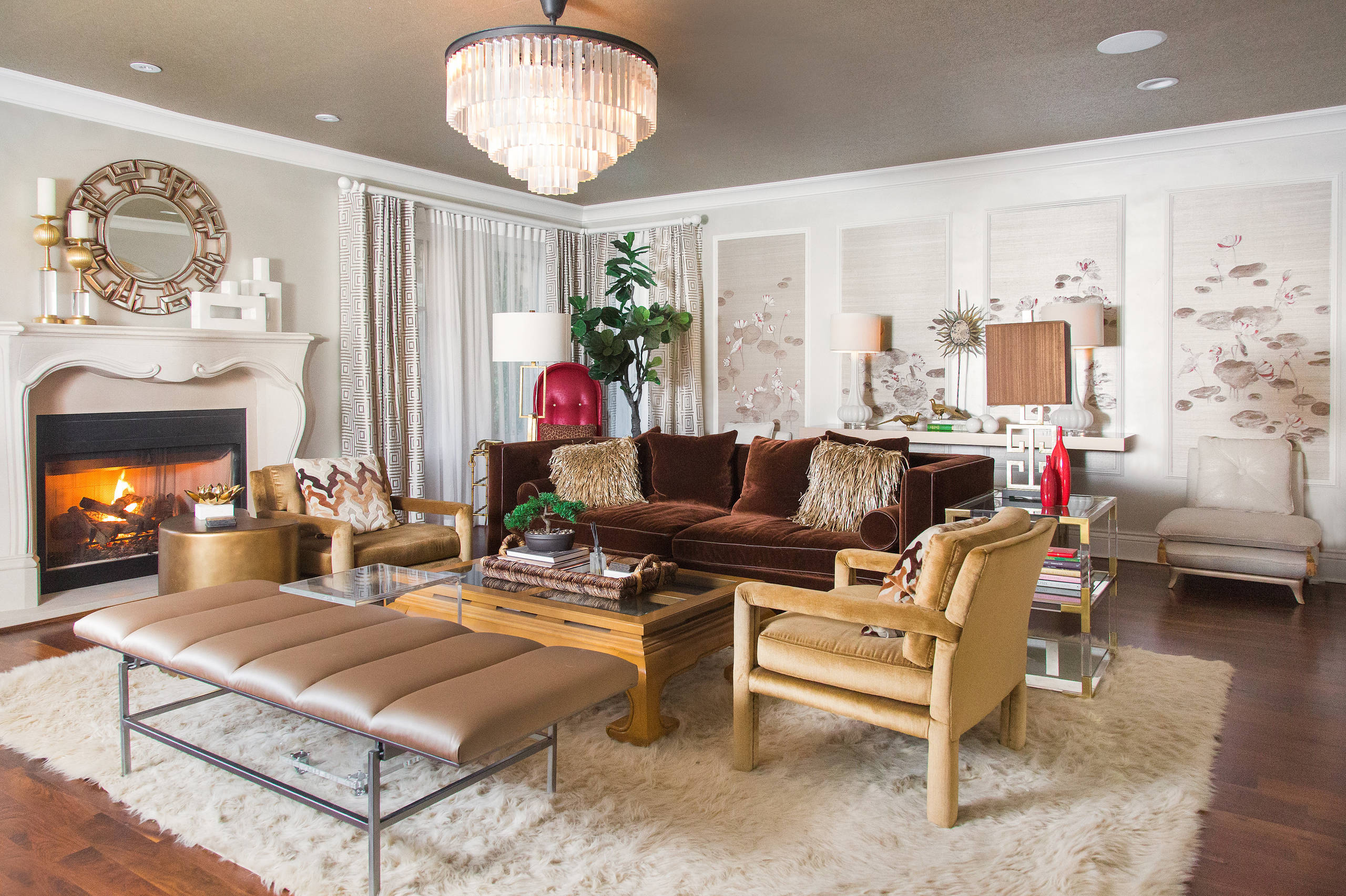 Brown velvet on sale sofa living room