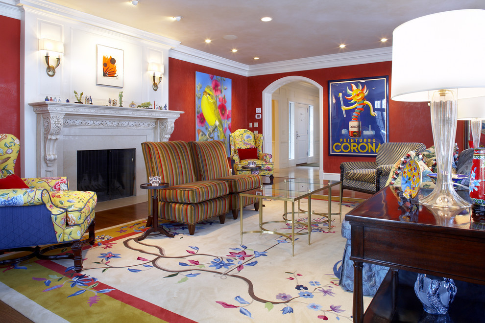 Traditional living room in Minneapolis with red walls.