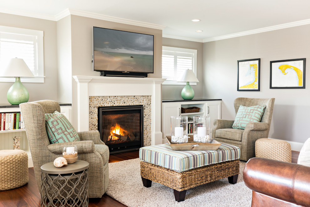 Mid-sized beach style open concept dark wood floor living room photo in Boston with a standard fireplace, a stone fireplace and a wall-mounted tv