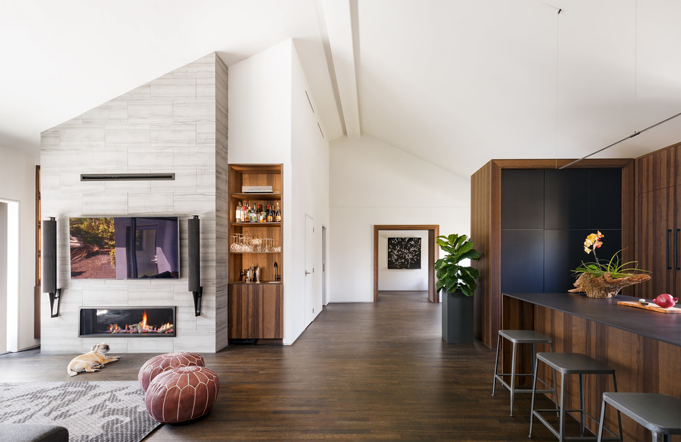 Mittelgroßes Modernes Wohnzimmer im Loft-Stil mit Hausbar, weißer Wandfarbe, dunklem Holzboden, Kamin, Kaminumrandung aus Stein, TV-Wand und braunem Boden in Boston