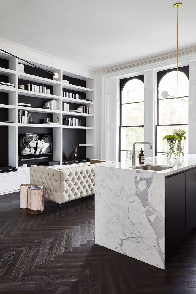 Photo of a contemporary open plan living room in London with white walls, dark hardwood flooring, a wall mounted tv and brown floors.