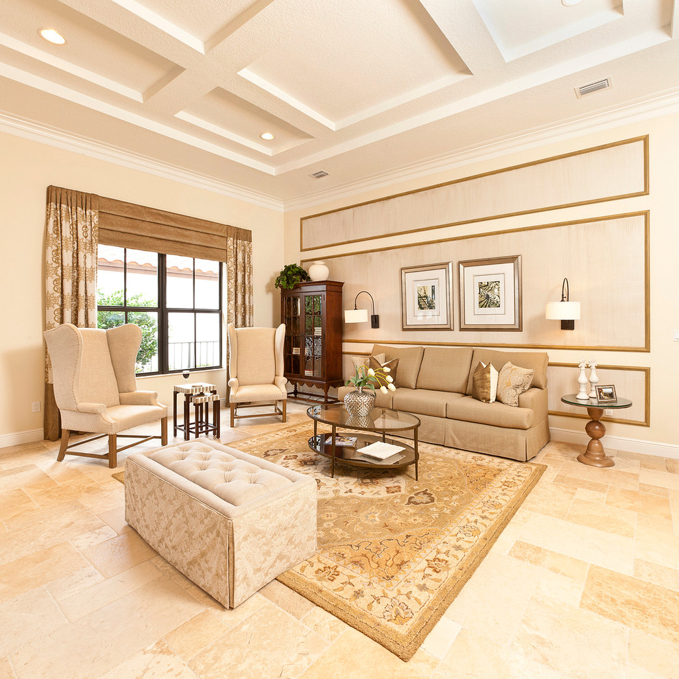 Foto di un grande soggiorno classico aperto con pareti bianche e pavimento con piastrelle in ceramica