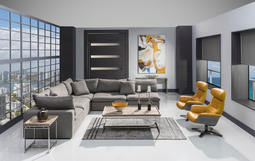 Nube Ii Gray Sofa And Enzo Yellow Leather Swivel Accent Chairs Contemporary Living Room Other By El Dorado Furniture Houzz
