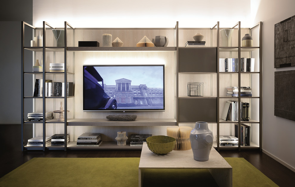 Modelo de salón contemporáneo con televisor colgado en la pared