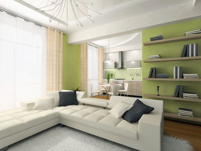 Small contemporary open plan living room in New York with green walls, light hardwood flooring and a wall mounted tv.