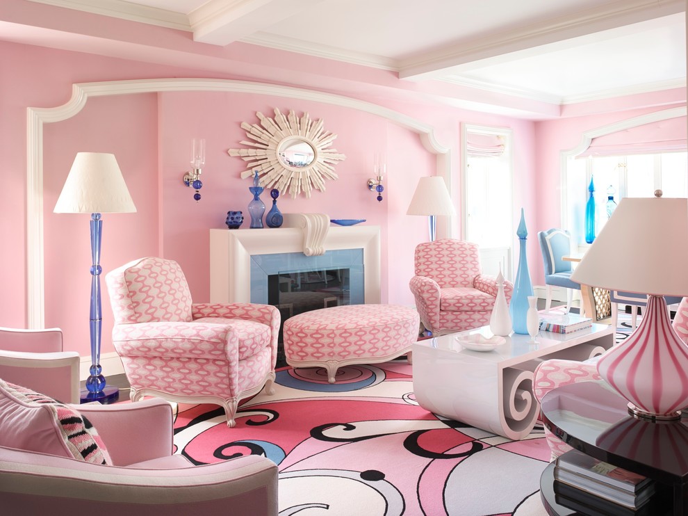 Living room - contemporary dark wood floor living room idea in New York with pink walls, a standard fireplace and no tv
