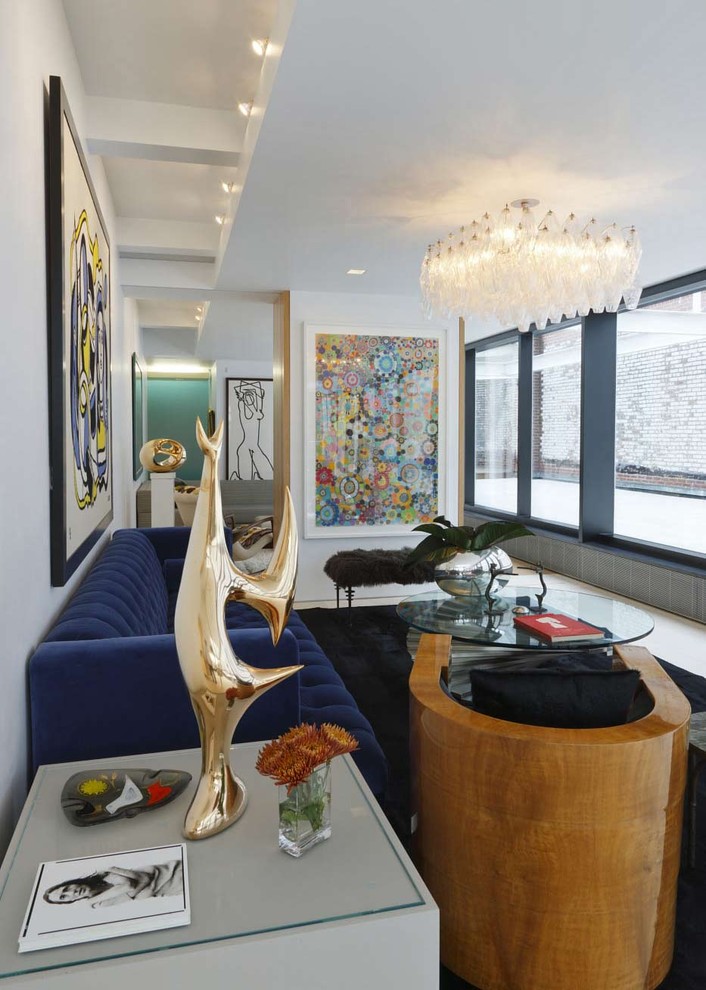 This is an example of an urban living room in New York with white walls.