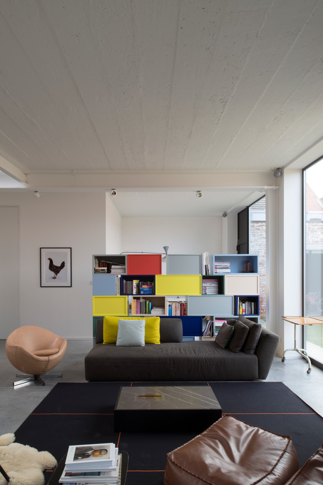 Ispirazione per un soggiorno design con pareti bianche e pavimento in cemento