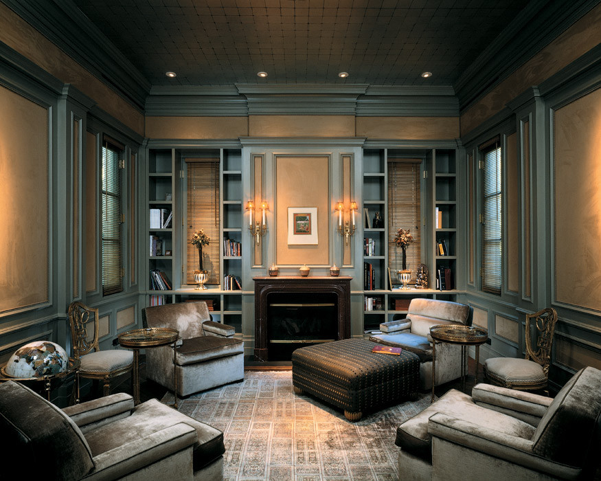 Inspiration for a mid-sized timeless enclosed living room library remodel in Chicago with beige walls, a standard fireplace, a wood fireplace surround and no tv