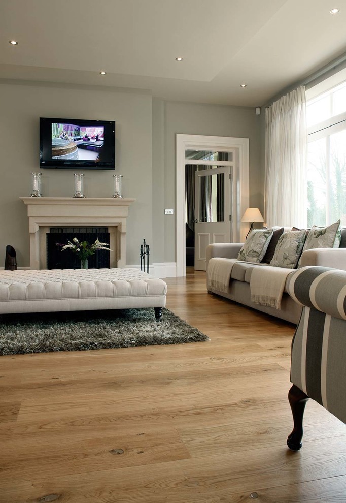 Immagine di un soggiorno minimal con pareti grigie, parquet chiaro, cornice del camino in pietra e TV a parete
