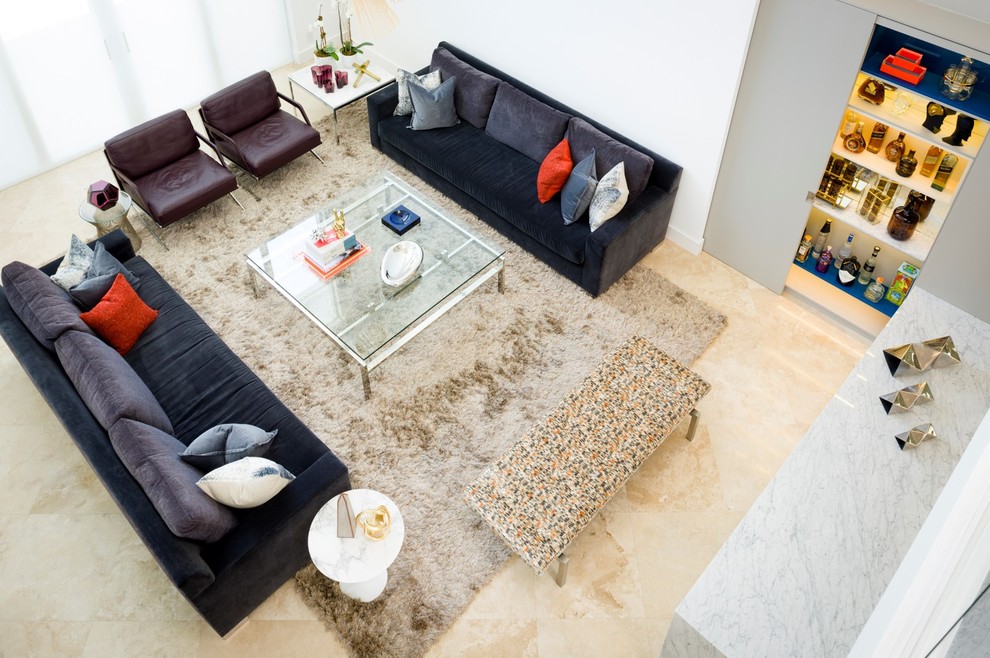 Living room - large contemporary formal and open concept travertine floor living room idea in Miami with white walls