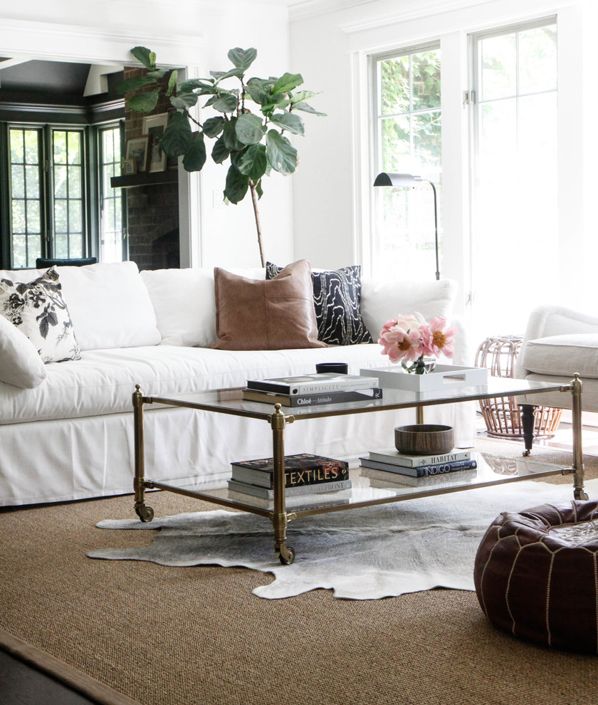 Mid-sized farmhouse open concept dark wood floor and brown floor living room photo in Chicago with white walls, no fireplace and no tv