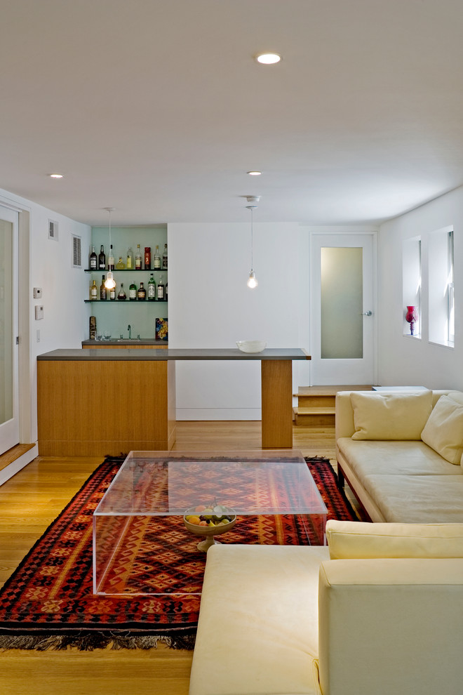Источник вдохновения для домашнего уюта: маленькая гостиная комната в современном стиле с домашним баром и паркетным полом среднего тона для на участке и в саду