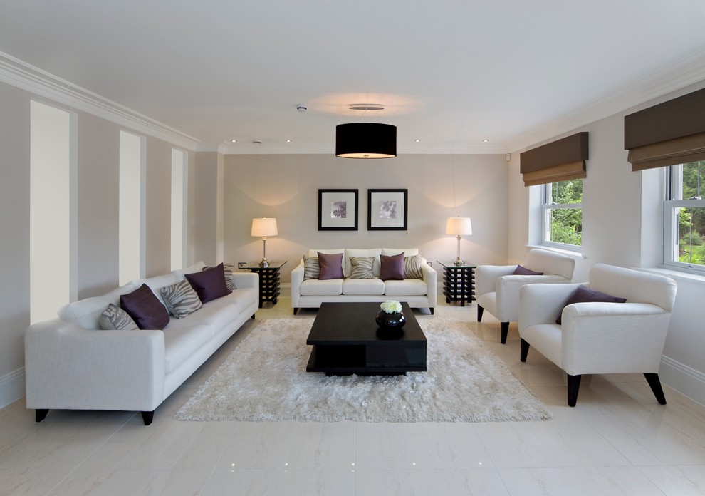 Living room - mid-sized contemporary enclosed and formal porcelain tile living room idea in Other with beige walls