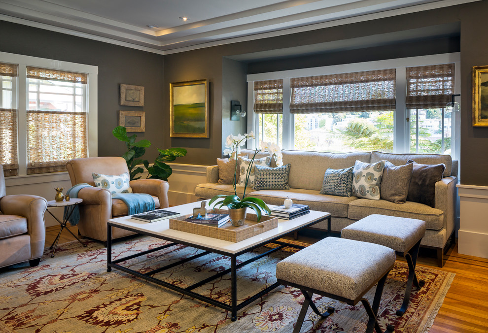 Living room - mid-sized craftsman enclosed light wood floor living room idea in San Francisco