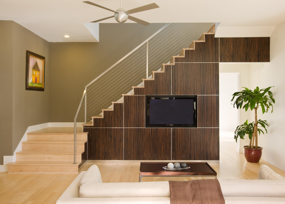 Design ideas for a contemporary open plan living room in Austin with green walls and a wall mounted tv.