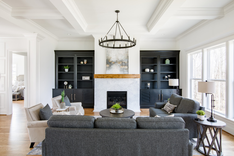 Living room - transitional formal and open concept coffered ceiling, medium tone wood floor and brown floor living room idea in Other with white walls, a standard fireplace, a stone fireplace and no tv