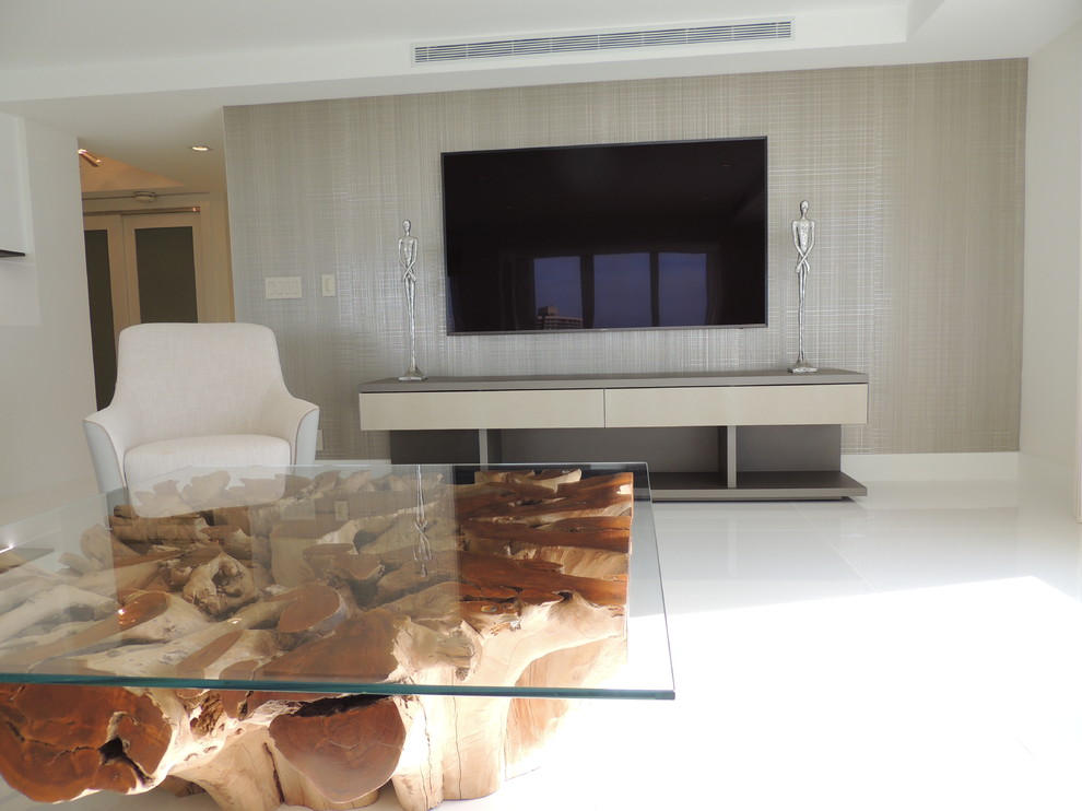 Medium sized contemporary open plan living room in Miami with white walls, porcelain flooring, a wall mounted tv and no fireplace.