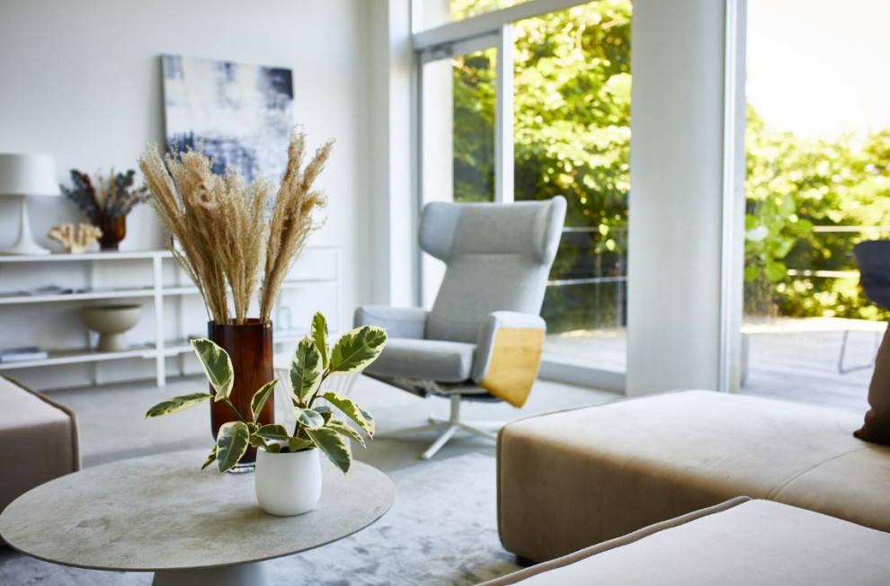 Foto di un grande soggiorno design aperto con sala formale, pareti bianche e pavimento in cemento