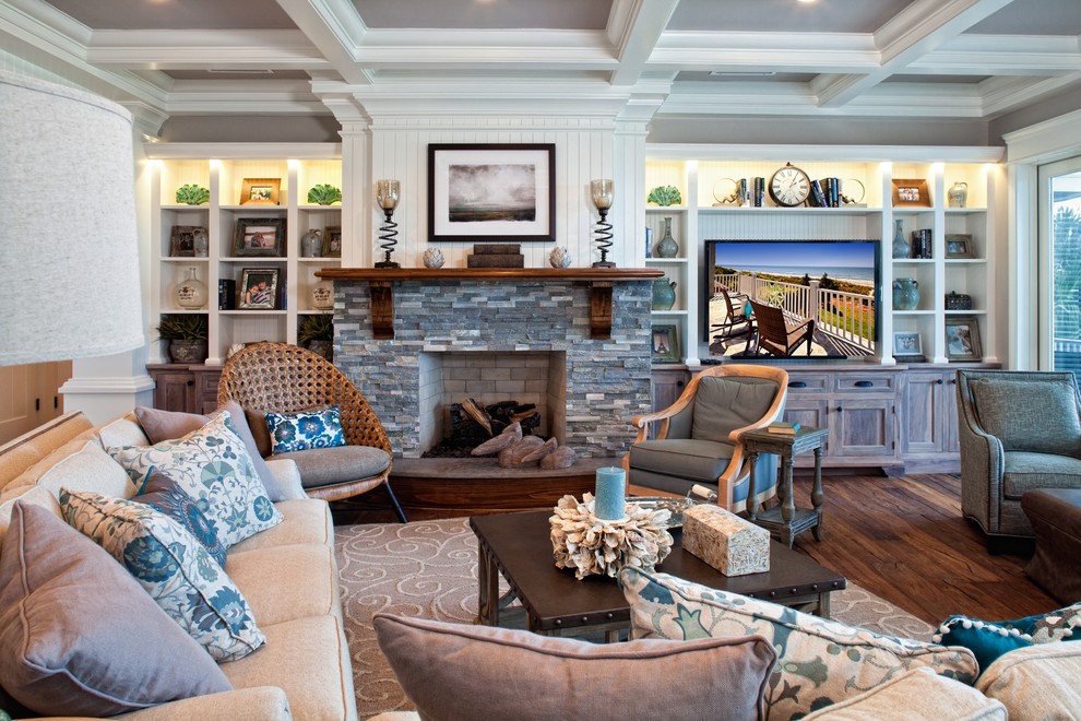 Living room - transitional living room idea in Other with a standard fireplace and a stone fireplace