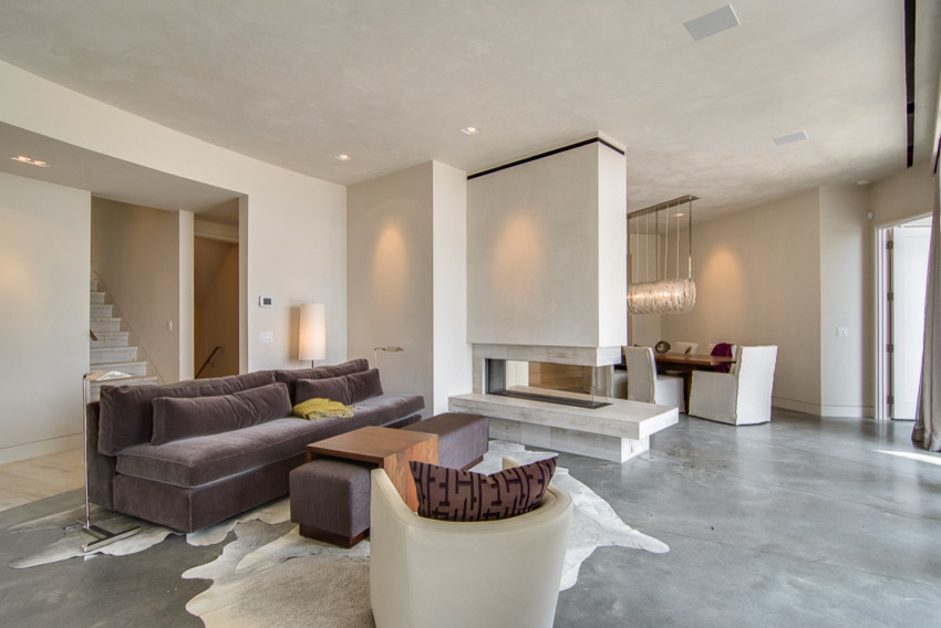 Medium sized contemporary formal open plan living room in Other with white walls, concrete flooring, a ribbon fireplace, a plastered fireplace surround and grey floors.