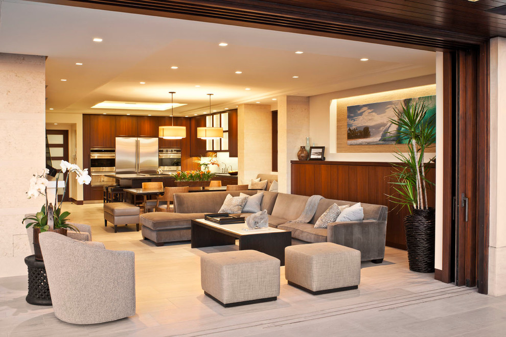 Large trendy open concept porcelain tile and beige floor living room photo in Los Angeles with beige walls