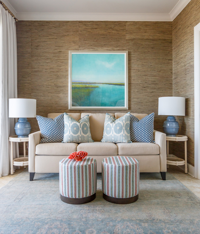На фото: гостиная комната в морском стиле с коричневыми стенами без камина