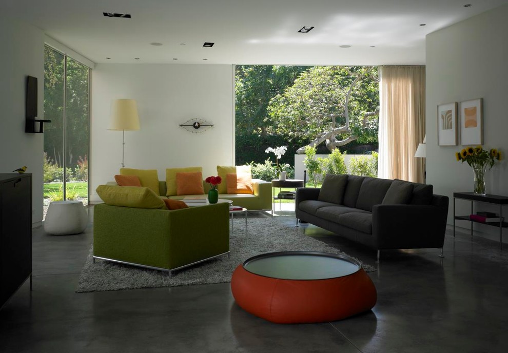 Cette photo montre un salon moderne avec sol en béton ciré.