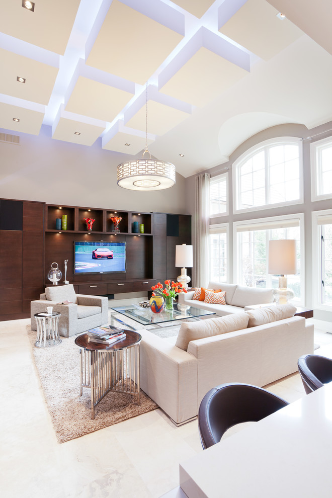 Photo of a large contemporary open plan living room in Toronto with grey walls, ceramic flooring and a built-in media unit.