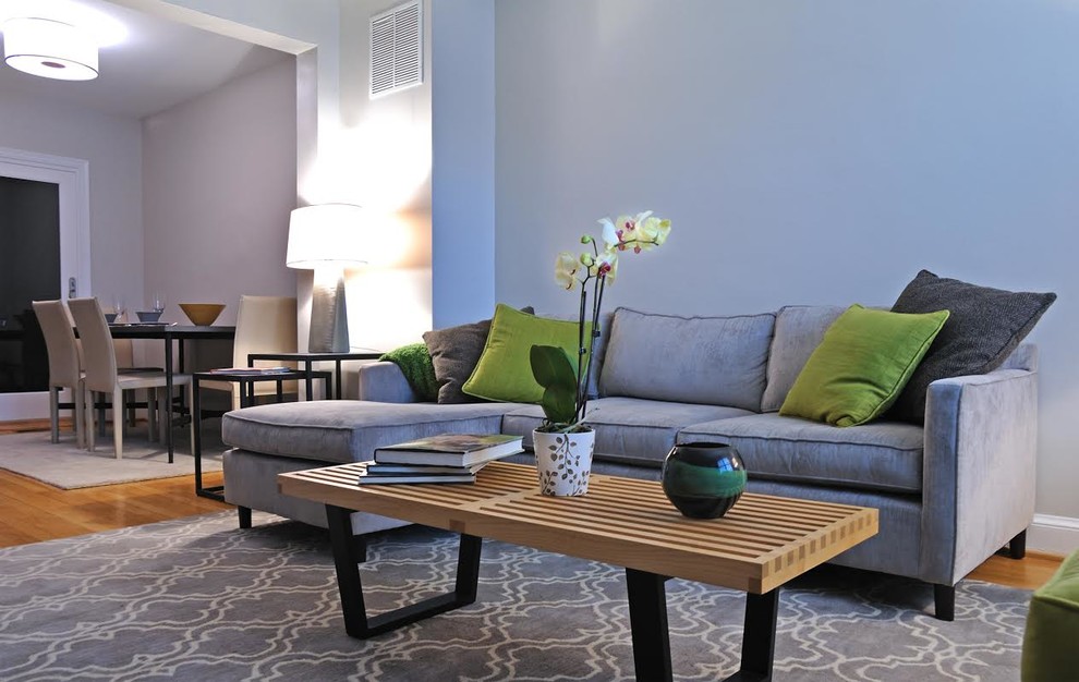 Foto di un grande soggiorno minimal aperto con sala formale, pareti blu, moquette e pavimento blu