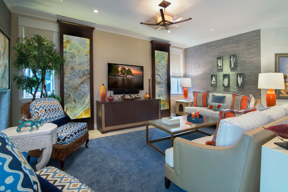 Großes, Repräsentatives, Abgetrenntes Eklektisches Wohnzimmer ohne Kamin mit beiger Wandfarbe, Keramikboden und TV-Wand in Miami