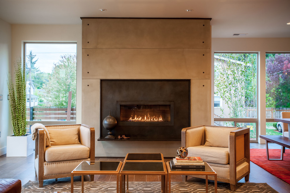 Inspiration for a contemporary formal open plan living room in Portland with a ribbon fireplace.