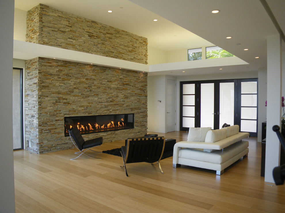 Living room - modern bamboo floor living room idea in San Francisco with a ribbon fireplace and a stone fireplace