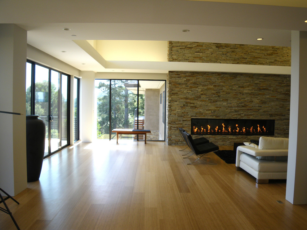 Foto de salón minimalista con suelo de bambú