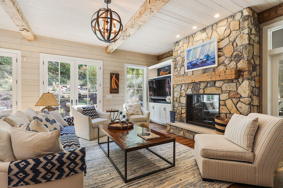 Inspiration for a large rustic formal open plan living room in Other with beige walls, dark hardwood flooring, a standard fireplace, a stone fireplace surround, a wall mounted tv and brown floors.