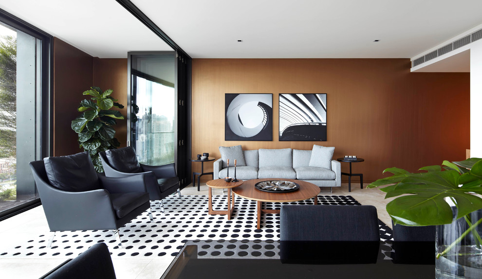 This is an example of a medium sized contemporary open plan living room in Sydney with travertine flooring.