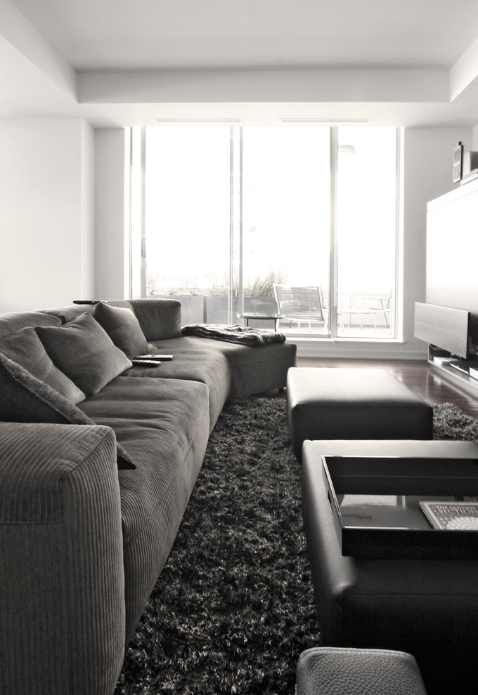 Источник вдохновения для домашнего уюта: гостиная комната в стиле модернизм с белыми стенами и ковром на полу