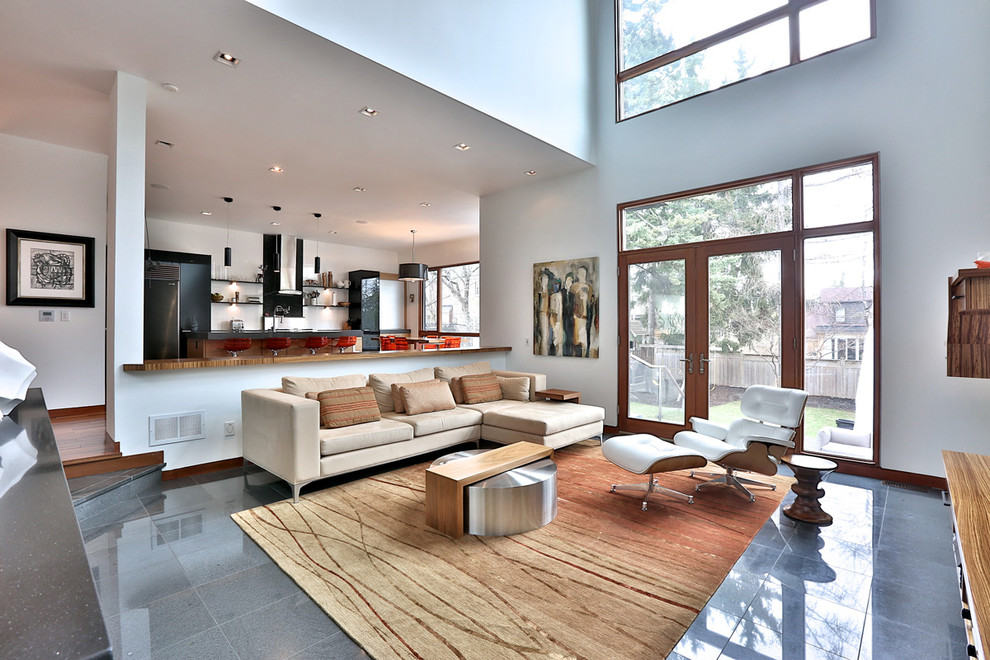 Foto di un grande soggiorno minimal aperto con sala formale, pareti bianche e pavimento in marmo