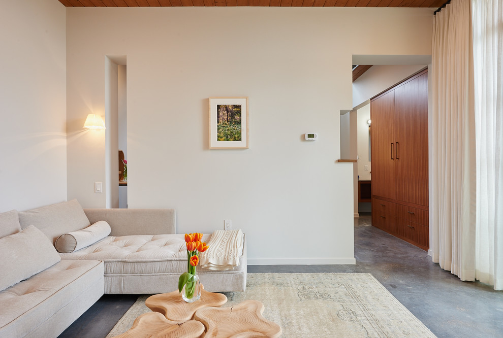 Immagine di un soggiorno moderno di medie dimensioni e chiuso con pareti bianche, pavimento in cemento, nessun camino, nessuna TV e pavimento grigio