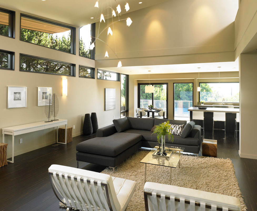 Inspiration for a large modern formal open plan living room in Vancouver with beige walls and dark hardwood flooring.