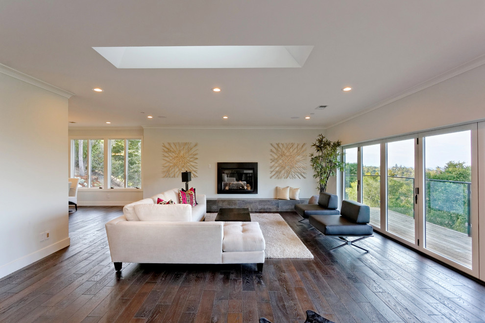 Large contemporary living room in San Francisco with dark hardwood flooring, a standard fireplace, white walls and brown floors.