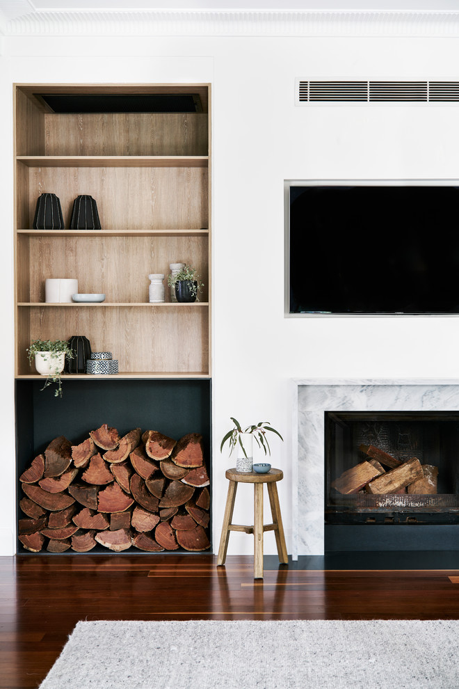 Design ideas for a large scandi formal open plan living room in Sydney with white walls, dark hardwood flooring, a standard fireplace, a stone fireplace surround, a wall mounted tv and brown floors.