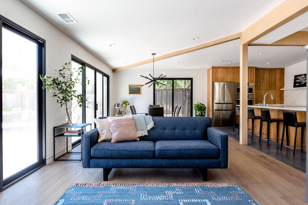Immagine di un soggiorno moderno di medie dimensioni e aperto con pareti bianche, parquet chiaro, camino bifacciale e pavimento marrone