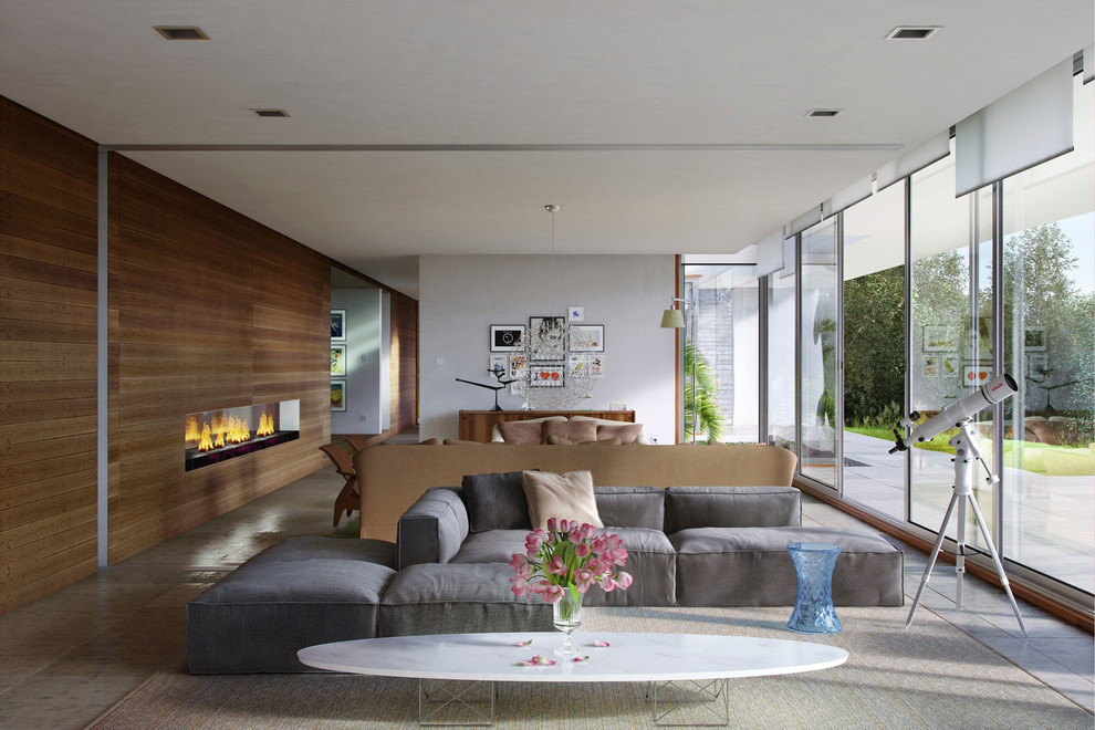 Идея дизайна: открытая гостиная комната среднего размера в современном стиле с фасадом камина из дерева, горизонтальным камином, серыми стенами, полом из керамической плитки и серым полом
