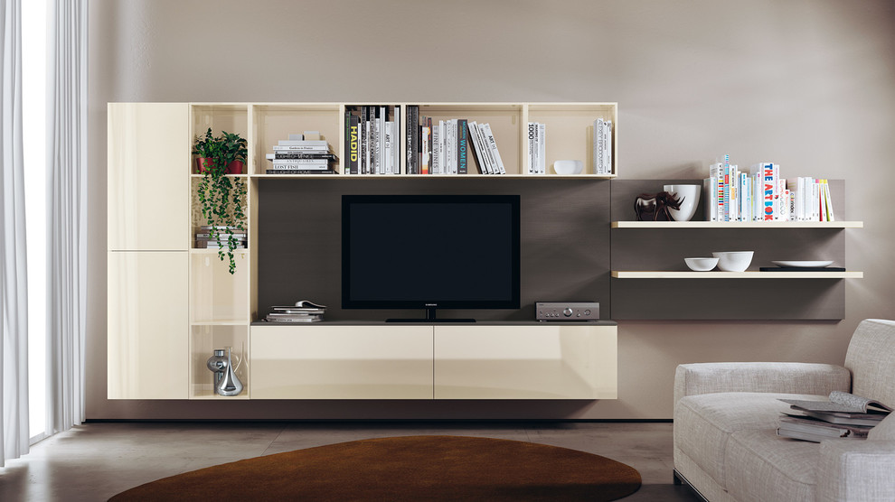 Small minimalist open concept living room photo in Melbourne with brown walls and a tv stand