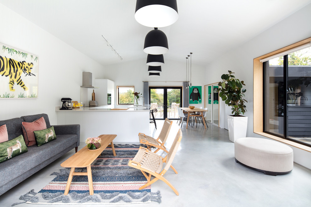 Immagine di un soggiorno design di medie dimensioni e aperto con pareti bianche, pavimento in cemento, stufa a legna e pavimento grigio