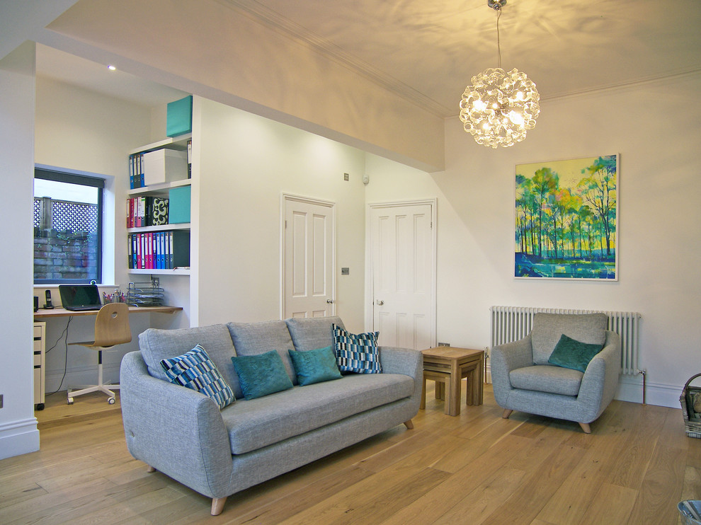 This is an example of a medium sized contemporary open plan living room in Other with white walls.